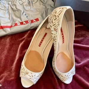 Prada Laser Cut White Kitten Heels